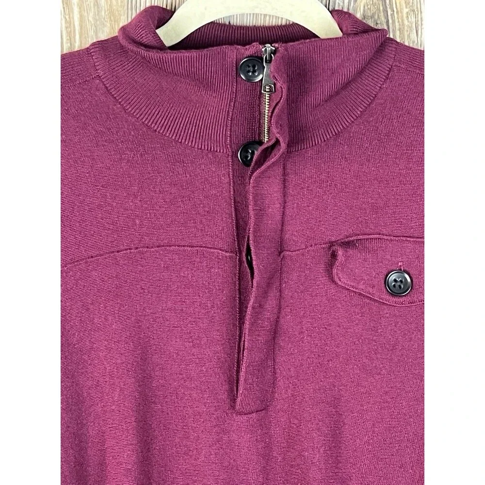 Banana Republic Sweater Mens MED Burgandy Red Merino Wool 1/4‎ Button Mock Neck